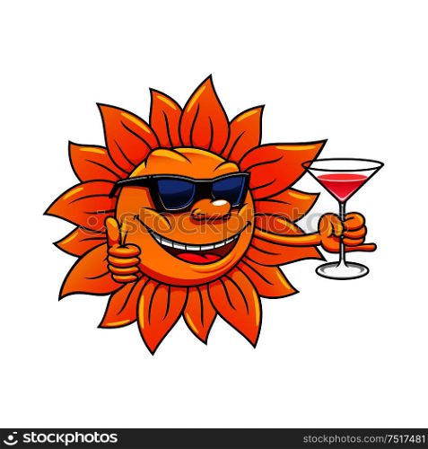 Happy bright hot sun cartoon character in sunglasses is drinking cocktail and giving thumb up sign. Great for summer vacation, weekend leisure activity and traveling design. Cartoon sun in sunglasses drinking cocktail