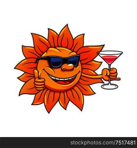 Happy bright hot sun cartoon character in sunglasses is drinking cocktail and giving thumb up sign. Great for summer vacation, weekend leisure activity and traveling design. Cartoon sun in sunglasses drinking cocktail
