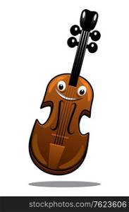 Happy brown cartoon wooden violin with a smiling face and shadow for music design, isolated on white