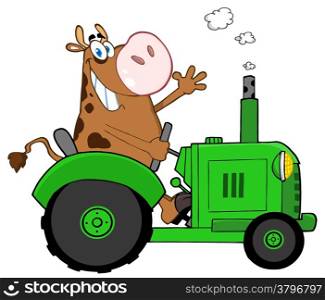 Happy Brown Cow Farmer In Green Tractor Waving A Greeting