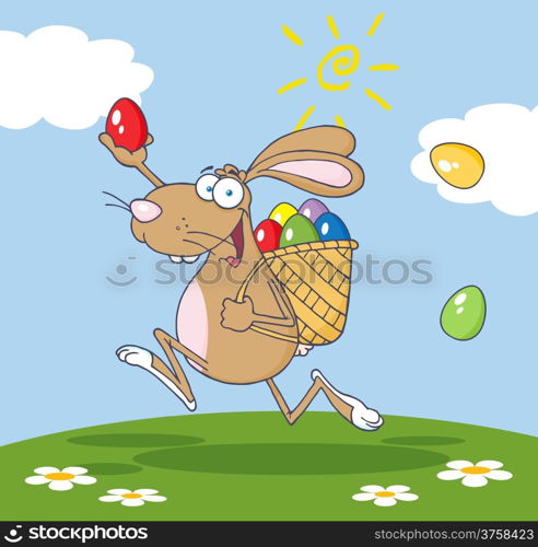 Happy Brown Easter Rabbit Running With A Basket And Egg Background