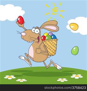 Happy Brown Easter Rabbit Running With A Basket And Egg Background