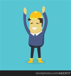 Happy Builder in Helmet. Businesman show holds hands up. Young successful investor man in helmet do business hand gesture shows good job. Approval of praise and agreement. Vector illustration