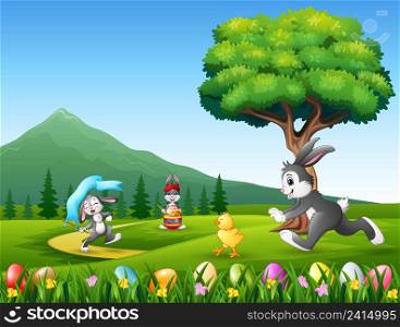 Happy bunnies running on the nature background