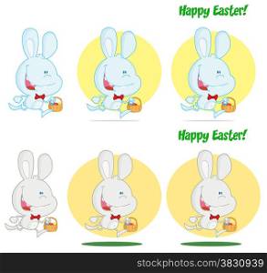 Happy Bunny Running With Easter Eggs Different Colors. Collection