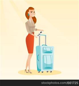 Happy business class passenger standing near suitcase and holding priority luggage tag. Young smiling caucasian business woman showing travel insurance tag. Vector cartoon illustration. Square layout.. Caucasian business woman showing luggage tag.