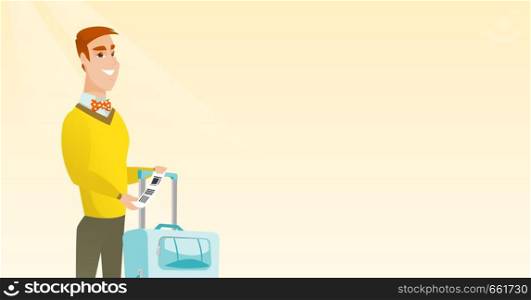 Happy business class passenger standing near suitcase and holding priority luggage tag. Young smiling caucasian businessman showing travel insurance tag. Vector cartoon illustration. Horizontal layout. Caucasian businessman showing luggage tag.