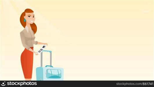 Happy business class passenger standing near suitcase and holding priority luggage tag. Young caucasian business woman showing travel insurance tag. Vector cartoon illustration. Horizontal layout.. Caucasian business woman showing luggage tag.