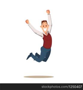 Happy Business Man Celebrating Victory by Jumping. Funny Exited Male Character Full of Enthusiasm Jump Up with Joy. Smiling Young Successful Office Worker. Cartoon Flat Vector Illustration. Happy Business Man Celebrating Victory by Jumping