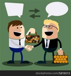 Happy business man make handshake sharing exchange case studies in which idea of invention and money cartoon flat design style