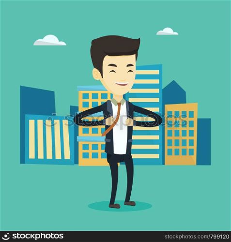Happy business man opening his jacket like superhero. Asian business man superhero. Young business man in suit taking off his jacket like superhero. Vector flat design illustration. Square layout.. Business man opening his jacket like superhero.
