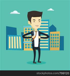 Happy business man opening his jacket like superhero. Asian business man superhero. Young business man in suit taking off his jacket like superhero. Vector flat design illustration. Square layout.. Business man opening his jacket like superhero.