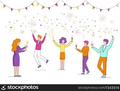 Happy Business Managers Team Celebrating Holiday in Office. Colleagues Hold Sparklers and Champaign Glasses in Hands on White Background with Party Decoration. Linear Cartoon Flat Vector Illustration.. Business Managers Team Celebrate Holiday in Office
