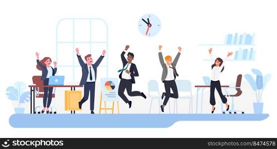 Happy business people. Cheerful men and women jumping in office. Employees work success. Joyful workers team victory. Businessmen celebrating achievements. Excited colleagues poses. Vector concept. Happy business people. Cheerful men and women jumping in office. Employees work success. Workers team victory. Businessmen celebrating achievements. Excited colleagues poses. Vector concept