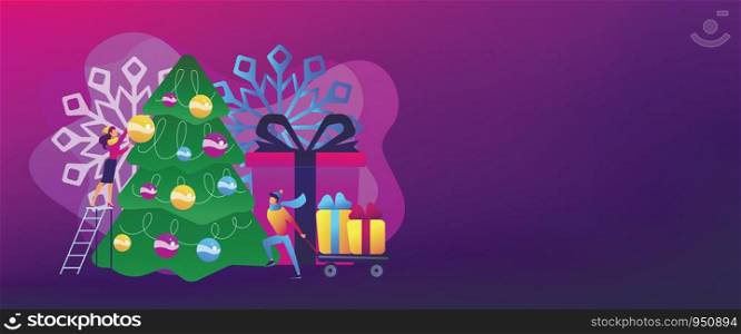 Happy business people decorating Christmas tree and preparing gift boxes. Winter holidays, New year celebration, Christmas activities plan concept. Header or footer banner template with copy space.. Winter holidays concept banner header.