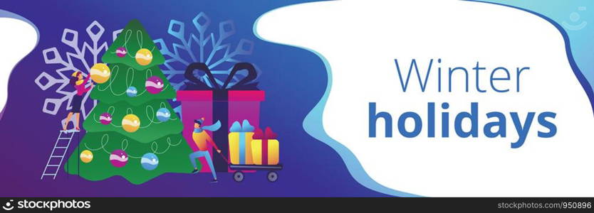 Happy business people decorating Christmas tree and preparing gift boxes. Winter holidays, New year celebration, Christmas activities plan concept. Header or footer banner template with copy space.. Winter holidays concept banner header.
