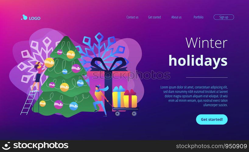 Happy business people decorating Christmas tree and preparing gift boxes. Winter holidays, New year celebration, Christmas activities plan concept. Website vibrant violet landing web page template.. Winter holidays concept landing page.