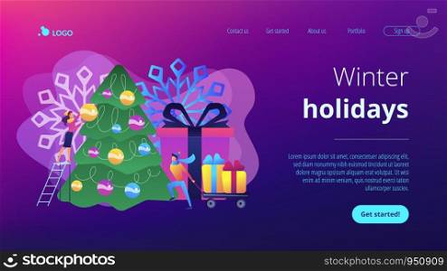 Happy business people decorating Christmas tree and preparing gift boxes. Winter holidays, New year celebration, Christmas activities plan concept. Website vibrant violet landing web page template.. Winter holidays concept landing page.