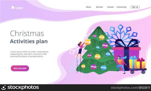 Happy business people decorating Christmas tree and preparing gift boxes. Winter holidays, New year celebration, Christmas activities plan concept. Website vibrant violet landing web page template.. Winter holidays concept landing page.