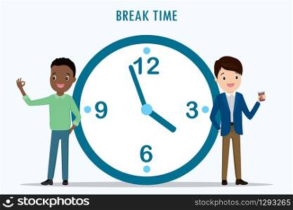 Happy business people stand near big clock.Cartoon concept of break time or time management. Flat vector illustration