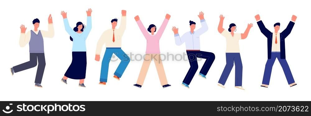Happy business team. Fun friends, casual office people jump. Isolated corporate group jumping, funny flat male female celebrate utter vector characters. Illustration businessman and woman casual happy. Happy business team. Fun friends, casual office people jump. Isolated corporate group jumping, funny flat male female celebrate utter vector characters