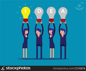 Happy business team holding idea light bulbs above his head. Concept business creative ideas vector illustration. Flat cartoon character design style.
