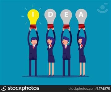 Happy business team holding idea light bulbs above his head. Concept business creative ideas vector illustration. Flat cartoon character design style.