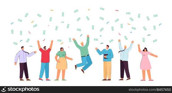 Happy business team rejoicing with money falling from above. Flat vector illustration. Men and women jumping and catching banknotes, winning lottery, making profit. Money, profit, income concept