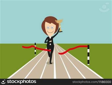 Happy business woman crossed finish line first and running with golden trophy in hand, for corporate challenge concept design. Cartoon flat style. Business woman crossed finish line with trophy