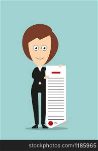 Happy business woman in black suit proudly showing certificate or diploma, for education or career achievement design. Cartoon flat style. Business woman showing certificate or diploma