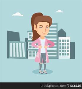 Happy business woman opening her jacket like a superhero. Caucasian business woman superhero. Young business woman taking off her jacket like a superhero. Vector cartoon illustration. Square layout.. Business woman opening her jacket like superhero.
