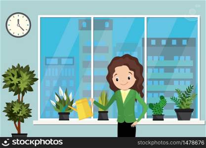 Happy business woman or office worker girl in modern office,break time and european female watering plant in pot,interior with furniture,flat vector illustration