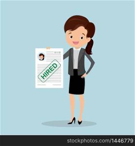 Happy Business woman or office worker with approved resume,successful job search concept,flat vector illustration