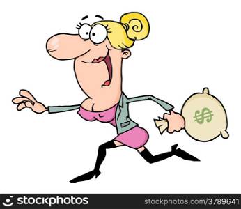 Happy Business Woman Running With The Money Bag