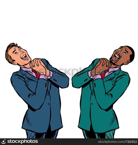 happy businessman African and Caucasian, joyful emotions. Pop art retro vector illustration vintage kitsch. happy two businessman African and Caucasian, joyful emotions