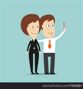 Happy businessman and business woman taking selfie portrait together with mobile phone, for social media concept design. Cartoon flat style. Businessman and business woman taking selfie