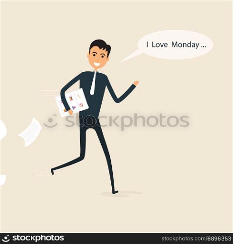 Happy businessman and reports in a his hand with I love monday in the speech bubble.I love monday concept.Cartoon and businessman symbol, business concept. Vector illustration