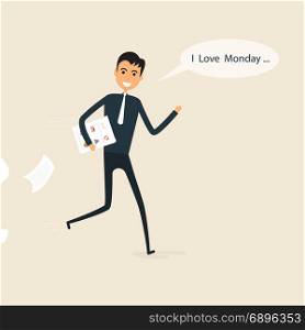 Happy businessman and reports in a his hand with I love monday in the speech bubble.I love monday concept.Cartoon and businessman symbol, business concept. Vector illustration