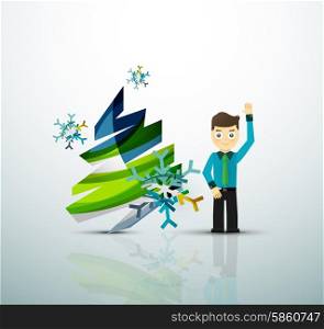 Happy businessman and stylized Christmas tree. Happy businessman and stylized Christmas tree with snowflakes