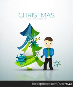 Happy businessman and stylized Christmas tree. Happy businessman and stylized Christmas tree with snowflakes