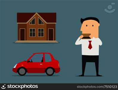 Happy businessman bought house and car by bank credit card. Real estate and consumer credits concept. Businessman bought house and car by credit card