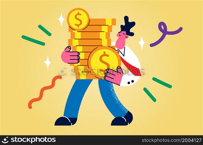 Happy businessman carry stack of coins feel excited with successful investment. Smiling man with money pile get deposit or credit from bank. Invest and saving concept. Financing. Vector illustration. . Happy man carry pile of money from successful investment