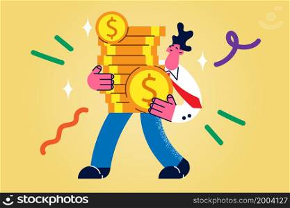 Happy businessman carry stack of coins feel excited with successful investment. Smiling man with money pile get deposit or credit from bank. Invest and saving concept. Financing. Vector illustration. . Happy man carry pile of money from successful investment