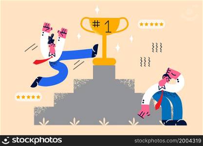 Happy businessman celebrate business win or victory get award or feel depressed because of failure or crisis at workplace. Man employee mood swing. Stressful work situation. Vector illustration.. Businessman different emotions of success and failure