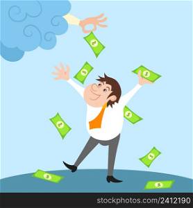 Happy businessman character standing under money rain after financial success vector illustration