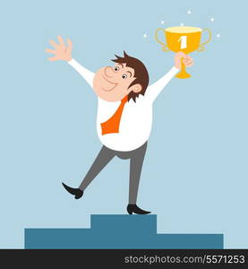 Happy businessman character won trophy success celebration vector illustration