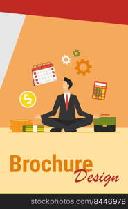 Happy businessman doing yoga at work. Employee in suit sitting in lotus pose and keeping hands in zen gesture. Vector illustration for relaxation, stress relief, focus, concentration, balance concept