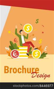 Happy businessman earning money flat vector illustration. Cartoon millionaire or banker holding huge coin. Finance growth and market concept