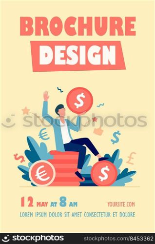 Happy businessman earning money flat vector illustration. Cartoon millionaire or banker holding huge coin. Finance growth and market concept