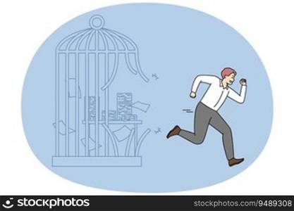 Happy businessman escape cage with paperwork quit office job. Excited male employee run from job imprisonment. Toxic workplace. Vector illustration.. Happy businessman escape cage quit office job